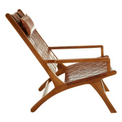 Teak Wood Lounge Chair with Leather Seat