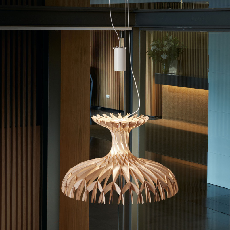 Bover Dome 60/02 Pendant Lamp | Matte White | Natural Wood Shade