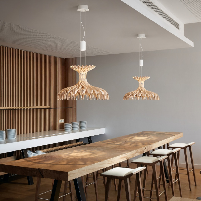 Bover Dome 60/01 Pendant Lamp | Matte White | Natural Wood Shade